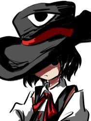 Rule 34 | 1other, androgynous, baila kuangzi, black eyes, black hair, black hat, black vest, chinese commentary, closed mouth, collared shirt, commentary request, detached sleeves, enraku tsubakura, frown, hat, hat over one eye, highres, len&#039;en, neck ribbon, other focus, portrait, red ribbon, ribbon, shirt, short hair, simple background, sleeveless, sleeveless shirt, solo, vest, white background, white sleeves