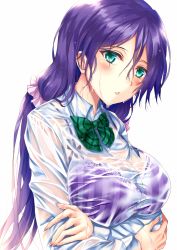 Rule 34 | 10s, 1girl, bad id, bad pixiv id, blush, bow, bowtie, bra, breast hold, breasts, collared shirt, dress shirt, dripping, eyebrows, green bow, green bowtie, hair ornament, hair scrunchie, hand on own arm, holding own arm, huge breasts, lace, lace-trimmed bra, lace trim, long hair, long sleeves, looking at viewer, love live!, love live! school idol project, low twintails, morizono shiki, parted lips, purple bra, purple hair, rain, school uniform, scrunchie, see-through, self hug, shirt, simple background, solo, striped bra, striped clothes, tojo nozomi, twintails, underwear, upper body, wet, wet clothes, wet hair, wet shirt, white background, white shirt