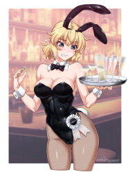 Rule 34 | 1girl, animal ears, bare shoulders, blonde hair, bow, bowtie, breasts, character name, cleavage, covered navel, detached collar, fake animal ears, fake tail, fishnets, green eyes, highres, large breasts, leotard, medium breasts, medium hair, mizuhashi parsee, ootsuki wataru, pantyhose, playboy bunny, pointy ears, rabbit ears, rabbit tail, solo, strapless, strapless leotard, tail, touhou, wing collar, wrist cuffs