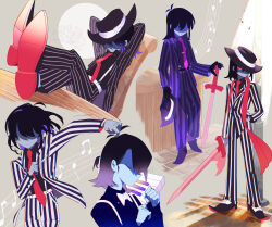 Rule 34 | 1other, alternate costume, black hair, black headwear, blue skin, chair, closed eyes, closed mouth, colored skin, commentary, crossed ankles, deltarune, hair between eyes, hand in pocket, hat, highres, holding, holding clothes, holding hat, holding sword, holding weapon, instrument, jacket, kris (deltarune), lamppost, multicolored hair, multiple views, musical note, necktie, pants, piano, purple hair, red eyes, red necktie, red scarf, scarf, senjochi janai, shirt, shoes, signature, sitting, standing, striped clothes, striped jacket, striped pants, suspenders, sword, symbol-only commentary, unworn hat, unworn headwear, vertical-striped clothes, vertical-striped jacket, vertical-striped pants, weapon