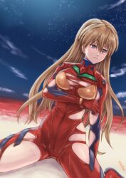 Rule 34 | 1girl, beach, blue eyes, blush, bodysuit, breasts, brown hair, cleavage, curvy, embarrassed, evangelion: 3.0+1.0 thrice upon a time, hair between eyes, hair down, hanging breasts, highres, kazumiminagawa, lcl, long hair, looking to the side, medium breasts, neon genesis evangelion, night, night sky, no headgear, pilot suit, plugsuit, rebuild of evangelion, red bodysuit, sitting, sky, solo, souryuu asuka langley, thighs, torn bodysuit, torn clothes