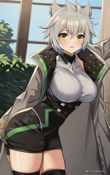 Rule 34 | 1girl, absurdres, animal ears, breasts, cat ears, cat girl, chest jewel, clothing cutout, core crystal (xenoblade), crystal, diamond cutout, fingerless gloves, gloves, high-waist shorts, highres, jacket, large breasts, looking at viewer, messy hair, na&#039;el (xenoblade), namu (112namu), open clothes, open jacket, revision, romper, short hair, short shorts, shorts, solo, thighhighs, thighs, xenoblade chronicles (series), xenoblade chronicles 3, xenoblade chronicles 3: future redeemed, yellow eyes