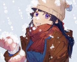 Rule 34 | 1girl, alternate costume, beanie, black hair, blue sweater, brown coat, coat, commentary request, grey background, grin, hair ornament, hairclip, hands up, hat, hood, hooded coat, long hair, long sleeves, looking at viewer, looking to the side, mittens, nijisanji, pink mittens, pom pom (clothes), popoyu, purple eyes, red scarf, scarf, simple background, smile, snow on body, snow on face, snowing, solo, sweater, tsukino mito, upper body, virtual youtuber, winter clothes