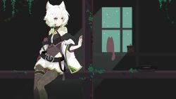 Rule 34 | 1girl, :|, ama no jaku (vocaloid), animal ears, asymmetrical legwear, bare shoulders, cat, checkered clothes, checkered legwear, closed mouth, clothes down, commentary request, expressionless, feet out of frame, fishnets, fox ears, fur trim, gradient hair, green eyes, green hair, halterneck, highres, ideolo, multicolored hair, night, record, short hair, sitting, solo, swept bangs, vase, vocaloid, white hair, window