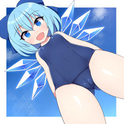 Rule 34 | 1girl, blue bow, blue eyes, blue hair, blue one-piece swimsuit, blush, bow, breasts, cameltoe, cirno, cleft of venus, commentary request, from below, hair bow, ice, ice wings, looking at viewer, old school swimsuit, one-piece swimsuit, open mouth, rizento, school swimsuit, short hair, small breasts, smile, solo, swimsuit, touhou, wings