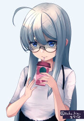 Rule 34 | 1girl, ahoge, alternate costume, blue background, blue eyes, breasts, drinking straw, grey hair, heywood l. edwards (kancolle), highres, kantai collection, long hair, medium breasts, neko no hige, one-hour drawing challenge, shirt, solo, tumbler, upper body, white shirt