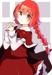 Rule 34 | 1girl, blush, bow, bowtie, braid, braided ponytail, capelet, frown, grey background, highres, long hair, long sleeves, looking at viewer, okazaki yumemi, own hands clasped, own hands together, red bow, red bowtie, red capelet, red eyes, red hair, shirt, simple background, skirt, solo, touhou, touhou (pc-98), very long hair, white background, zerokosan