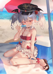 Rule 34 | 1girl, barefoot sandals (jewelry), bat wings, beach, bikini, black hat, blue sky, breasts, brown footwear, closed mouth, collarbone, commentary request, commission, copyright request, food, frilled bikini, frills, full body, grey hair, hat, highres, holding, looking at viewer, navel, ocean, outdoors, parasol, peaked cap, pointy ears, popsicle, red eyes, sandals, short hair, shuru y, sitting, skeb commission, sky, small breasts, smile, solo, swimsuit, twintails, umbrella, virtual youtuber, wings