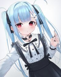 Rule 34 | 1girl, :o, black bow, black nails, black skirt, blue hair, bow, center frills, collared shirt, commentary request, ear piercing, earrings, frilled shirt collar, frills, grey background, hair bow, hair ornament, hand up, highres, jewelry, long hair, long sleeves, looking at viewer, nail art, nail polish, original, parted lips, piercing, puffy long sleeves, puffy sleeves, rabbit hair ornament, red eyes, shirt, simple background, skirt, sleeves past wrists, solo, suspender skirt, suspenders, tsukiman, twintails, very long hair, white shirt