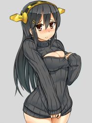 Rule 34 | 10s, 1girl, alternate costume, black hair, blush, breasts, brown eyes, cleavage, cleavage cutout, clothes tug, clothing cutout, cowboy shot, embarrassed, grey background, hair ornament, hairclip, hand on own chest, haruna (kancolle), hawe king, headgear, kantai collection, large breasts, long hair, looking at viewer, meme attire, open-chest sweater, ribbed sweater, simple background, sleeves past wrists, solo, sweater, sweater tug, turtleneck