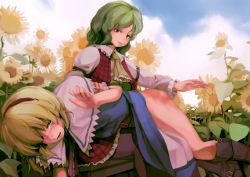 Rule 34 | 2girls, alice margatroid, ass, blonde hair, blue dress, blush, boots, bottomless, brown eyes, clothes lift, cloud, cloudy sky, crying, dress, field, flower, flower field, hair over one eye, hairband, highres, kazami yuuka, legs, long sleeves, lying, medium hair, multiple girls, on bench, on lap, on stomach, open mouth, outdoors, pants, red dress, short hair, skirt, skirt flip, skirt lift, sky, spanked, spanking, sunflower, sunflower field, tears, thighs, touhou, w lotusphage, yellow eyes