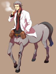 Rule 34 | 1boy, animal ears, black shirt, brown background, brown eyes, centaur, cigarette, closed mouth, coat, collared coat, collared shirt, commentary request, dog tags, facial hair, full body, gensoudanshi, goatee stubble, grey hair, hand in pocket, hand up, highres, holding, holding cigarette, hooves, horse ears, long sleeves, looking at viewer, male focus, mature male, monster boy, necktie, original, red necktie, scar, scar on leg, shirt, short hair, simple background, smoke, smoking, solo, standing, stubble, taur, tool belt, white coat