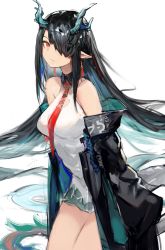 Rule 34 | 1girl, arknights, bare shoulders, black hair, black jacket, breasts, cleavage cutout, closed mouth, clothing cutout, collared dress, cowboy shot, dragon horns, dress, dusk (arknights), earrings, expressionless, gnai, hair over one eye, highres, horns, jacket, jewelry, long hair, looking at viewer, medium breasts, necktie, off shoulder, open clothes, open jacket, pointy ears, red eyes, short dress, sidelocks, sleeveless, sleeveless dress, solo, very long hair, white dress