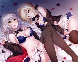 Rule 34 | 2girls, apron, artoria pendragon (all), artoria pendragon (alter swimsuit rider) (fate), artoria pendragon (alter swimsuit rider) (second ascension) (fate), artoria pendragon (fate), bare shoulders, bed sheet, bikini, bikini top only, black bow, black jacket, black neckwear, blonde hair, blue skirt, blush, bow, breasts, bridal garter, brown legwear, collarbone, embarrassed, fate/grand order, fate (series), frilled bikini, frilled bikini top, frills, fujimaru ritsuka (male), hair between eyes, hand on own chest, highres, jacket, jeanne d&#039;arc (fate), jeanne d&#039;arc alter (avenger) (fate), jeanne d&#039;arc alter (fate), light particles, long hair, long sleeves, looking at viewer, lying, maid, maid bikini, maid headdress, medium breasts, miniskirt, multiple girls, navel, nonono (nononotea), nose blush, off shoulder, on back, on side, open clothes, open jacket, petals, saber alter, short hair, silver hair, skirt, sleeves past wrists, small breasts, stomach, swimsuit, thighhighs, unconventional maid, v-shaped eyebrows, very long hair, waist apron, white apron, yellow eyes