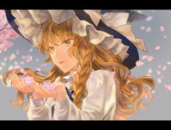 Rule 34 | 1girl, blonde hair, bow, braid, cherry blossoms, commentary request, hat, hat bow, holding, holding petal, kayako (tdxxxk), kirisame marisa, letterboxed, long hair, long sleeves, parted lips, petals, shirt, single braid, solo, touhou, upper body, white shirt, witch hat, yellow eyes