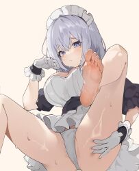 1girl apron barefoot blue_eyes feet foot_focus frilled_apron frilled_gloves frills frown gloves hair_between_eyes highres kagemoe1003 maid maid_apron maid_headdress original panties short_hair soles toes underwear white_apron white_gloves white_hair white_panties