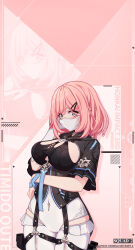 Rule 34 | 1girl, blush, breasts, character name, copyright name, garter straps, highres, honkai (series), honkai impact 3rd, large breasts, looking at viewer, masked, pink background, pink hair, shy, solo, timido cute