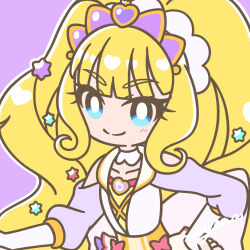 Rule 34 | 1girl, blonde hair, blue eyes, bow, bright pupils, choker, closed mouth, cure finale, delicious party precure, detached sleeves, gloves, hair ornament, hat ornament, highres, jewelry, kasai amane, long hair, long sleeves, looking at viewer, mayena, outline, precure, purple background, purple headwear, purple sleeves, smile, solo, star (symbol), star hat ornament, tiara, upper body, very long hair, white bow, white choker, white gloves, white outline, white pupils