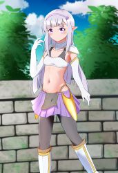 Rule 34 | 1girl, absurdres, armor, bikini armor, black pantyhose, blush, boots, breasts, brick wall, collarbone, elbow gloves, elf, elnowar seylan, endro!, eyebrows, gloves, groin, hair ornament, hairband, highres, long hair, midriff, navel, outdoors, pantyhose, pointy ears, purple eyes, purple hair, skirt, small breasts, smile, solo, wall, white gloves