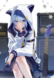 Rule 34 | 1girl, amplifier, animal hood, black choker, black skirt, blue eyes, blue hair, bow, bowtie, cat hood, choker, closed mouth, crossed legs, electric guitar, guitar, hand on own cheek, hand on own face, hashtag-only commentary, head rest, highres, hololive, hood, hood up, hooded jacket, hoshimachi suisei, hoshimachi suisei (school uniform), instrument, jacket, long hair, long sleeves, looking at viewer, medium skirt, nisi ki no, official alternate costume, pleated skirt, puffy long sleeves, puffy sleeves, simple background, sitting, skirt, smile, solo, star (symbol), star in eye, sticker, symbol in eye, virtual youtuber, white background, white jacket, yellow bow, yellow bowtie