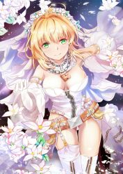Rule 34 | 10s, 1girl, ahoge, bad id, bad pixiv id, bare shoulders, belt, blonde hair, breasts, brown belt, chain, cleavage, commentary request, detached sleeves, fate/extra, fate/extra ccc, fate (series), flower, full-length zipper, gloves, green eyes, hair flower, hair intakes, hair ornament, hand up, highres, juliet sleeves, leotard, lock, long sleeves, medium breasts, mutang, nero claudius (bride) (fate), nero claudius (bride) (second ascension) (fate), nero claudius (fate), nero claudius (fate) (all), padlock, puffy sleeves, solo, sparkle, strapless, strapless leotard, thighhighs, white flower, white gloves, white leotard, white thighhighs, wide sleeves, zipper, zipper pull tab