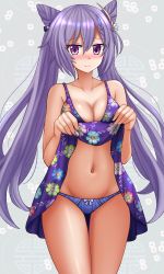 Rule 34 | 1girl, alternate costume, bare arms, bare shoulders, blue panties, blush, bow, bow panties, braid, breasts, cleavage, closed mouth, clothes lift, commentary, cone hair bun, dress, dress lift, floral background, floral print, genshin impact, grey background, groin, hair between eyes, hair bun, highres, kazenokaze, keqing (genshin impact), lifted by self, long hair, looking at viewer, medium breasts, navel, nose blush, panties, purple dress, purple eyes, purple hair, solo, thigh gap, twintails, underwear, very long hair, wavy mouth