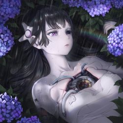 Rule 34 | 1girl, android, black hair, blunt bangs, bruise, bruised eye, flower, flower bed, hair ornament, hand up, highres, humanoid robot, hydrangea, injury, joints, long hair, lying, mechanical, mechanical parts, mhk (mechamania), on back, original, parted lips, purple eyes, rain, rainbow, robot, robot joints, solo, water drop, wet, wet face