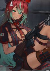 Rule 34 | 1girl, absurdres, black gloves, blue hair, blush, breasts, commission, dark-skinned female, dark skin, fingerless gloves, gloves, green eyes, green hair, gun, hair between eyes, hat, highres, holding, holding gun, holding weapon, kuroshiro kanae, large breasts, long hair, looking at viewer, multicolored hair, nail polish, necktie, original, pelvic curtain, red hair, red nails, short sleeves, sitting, skeb commission, smile, solo, thigh strap, very long hair, weapon