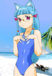 Rule 34 | 1girl, animal ears, beach, blue hair, blue one-piece swimsuit, braid, cat ears, female focus, glasses, looking at viewer, ocean, one-piece swimsuit, outdoors, ribbon, solo, swimsuit