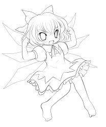 Rule 34 | 1girl, absurdres, barefoot, bow, cirno, dress, fang, flexing, greyscale, hair bow, highres, lineart, monochrome, open mouth, short hair, smile, solo, touhou, transparent background, wings, yume shokunin