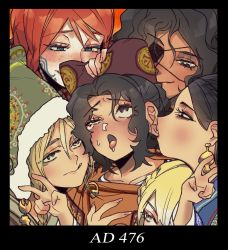 Rule 34 | 6+girls, ahegao, biting, black hair, blonde hair, blush, celtic, dark-skinned female, dark skin, dated, dongsa wonhyong, double v, ear biting, eyepatch, girl sandwich, highres, historical, historical event, humanization, licking lips, multiple girls, one eye closed, pillow, real life, red hair, roman empire, sandwiched, tongue, tongue out, v, yuri