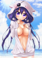 Rule 34 | 1girl, absurdres, animal hood, blue sky, breasts, cleavage, closed mouth, cloud, collarbone, commentary request, cowboy shot, day, derivative work, eyepatch, gochuumon wa usagi desu ka?, hair between eyes, hair ornament, hand on own chest, hands up, head tilt, highres, hood, hood up, hoodie, horizon, large breasts, long hair, long sleeves, looking at viewer, naked hoodie, navel, ocean, oooqqq, outdoors, partially unzipped, purple eyes, purple hair, sky, sleeves past wrists, solo, sun, sunlight, tedeza rize, thigh gap, very long hair, water, white hoodie