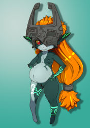 Rule 34 | 1girl, bad id, bad pixiv id, big belly, black skin, blue skin, body markings, breasts, censored, cleft of venus, closed mouth, colored sclera, colored skin, demon girl, fang, full body, gradient background, green background, hands on own hips, helmet, highres, j7w, long hair, looking down, midna, monster girl, multicolored skin, navel, neon trim, nintendo, nipples, nude, one eye covered, orange hair, pointy ears, pregnant, pussy, red eyes, shortstack, small breasts, smile, solo, the legend of zelda, the legend of zelda: twilight princess, two-tone skin, very long hair, yellow sclera