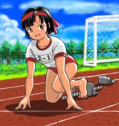 Rule 34 | 1girl, all fours, barefoot, black hair, brown eyes, buruma, cloud, collarbone, goal, grass, gym uniform, headband, highres, looking at viewer, marup, name tag, open mouth, red buruma, running track, shirt, short hair, short sleeves, sky, smile, starting block, track and field, track uniform, tree, white shirt