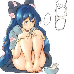 Rule 34 | ..., 1girl, bad id, bad pixiv id, bare legs, barefoot, blue bow, blue hair, blue skirt, blush, bow, bowl, bracelet, closed mouth, damaged, frown, full body, hair bow, hekiga (freelot), highres, holding, holding clothes, holding panties, holding underwear, hood, hood down, hoodie, jewelry, knees to chest, knees up, long hair, looking at another, money, no panties, panties, short sleeves, simple background, sitting, skirt, solo focus, spoken ellipsis, toes, touhou, underwear, very long hair, white background, white legwear, yorigami shion