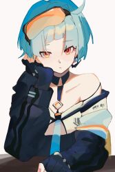 Rule 34 | 1girl, ahoge, bare shoulders, black gloves, blue hair, chesed (uporyz), collarbone, commentary, earrings, english commentary, eyes visible through hair, fingerless gloves, girls&#039; frontline, gloves, goggles, goggles on head, head rest, jacket, jewelry, looking at viewer, off shoulder, orange eyes, short hair, simple background, sitting, solo, straight-on, table, upper body, zas m21 (girls&#039; frontline)