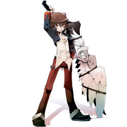 Rule 34 | 1boy, arm up, brown hair, full body, highres, looking at viewer, male focus, original, short hair, simple background, smile, solo, t.a.k., weapon, white background