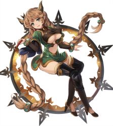 Rule 34 | 10s, 1girl, armor, black legwear, blush, bracelet, braid, breasts, brown hair, carmelina (granblue fantasy), clothing cutout, covered erect nipples, draph, eruthika, full body, gem, granblue fantasy, green eyes, high heels, highres, holding, holding weapon, horns, jewelry, layered sleeves, light brown hair, long hair, long sleeves, looking at viewer, navel, pointy ears, short over long sleeves, short sleeves, side slit, simple background, smile, solo, twin braids, underboob, underboob cutout, very long hair, weapon, wide sleeves