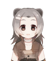 Rule 34 | 10s, :d, american beaver (kemono friends), animal ears, antenna hair, bangs pinned back, bare shoulders, beaver ears, brown eyes, choker, collarbone, elbow gloves, gloves, green hair, hair ornament, hairclip, hiragi rin, house, jacket, kemono friends, looking at viewer, medium hair, open mouth, simple background, sleeveless, smile, solo, torn clothes, torn sleeves, upper body, white background
