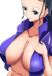 Rule 34 | 1girl, absurdres, black hair, blue eyes, blue jacket, breasts, cleavage, collarbone, cropped jacket, highres, huge breasts, jacket, le reef, long hair, navel, nico robin, no bra, one piece, simple background, stomach, unzipped, white background, zipper pull tab