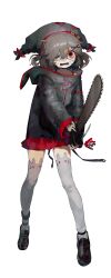 1girl absurdres animal_ears arknights black_jacket chainsaw eyepatch grey_hair hair_ornament hat highres holding holding_chainsaw hood jacket long_sleeves looking_at_viewer open_mouth popukar_(arknights) red_eyes scared short_hair skirt solo thighhighs user_tgjh8384 x_hair_ornament