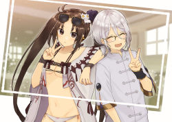 Rule 34 | 1boy, 1girl, :&lt;, :d, aisawa natsu, arm on another&#039;s shoulder, bikini, blush, breasts, brown eyes, brown hair, cape, chinese clothes, commentary request, earrings, eyebrows, closed eyes, eyewear on head, fate/grand order, fate (series), prince of lan ling (fate), glasses, jewelry, long hair, multiple earrings, open mouth, photo (object), prince of lan ling (eastern socialite attire) (fate), shirt, small breasts, smile, sunglasses, swimsuit, underboob, v, very long hair, white bikini, white cape, white shirt, wrist straps, wristband, yu mei-ren (fate), yu mei-ren (swimsuit lancer) (fate)