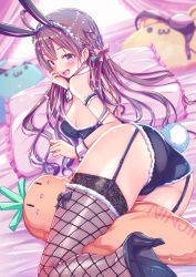 Rule 34 | 1girl, absurdres, ahoge, animal ears, armband, bare back, bare shoulders, bed, between thighs, black footwear, black thighhighs, blush, bow, bra, braid, brown hair, detached collar, earrings, fake animal ears, fake tail, fishnet thighhighs, fishnets, garter straps, hair bow, high heels, highres, jewelry, leotard, long hair, looking at viewer, lying, on bed, on side, open mouth, original, playboy bunny, rabbit ears, rabbit tail, solo, strapless, strapless leotard, stuffed carrot, stuffed toy, tail, tenzeru, thighhighs, underwear, wing collar, wrist cuffs
