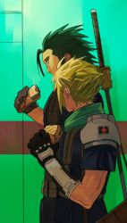 Rule 34 | 2boys, armor, belt, black hair, blonde hair, blue eyes, blue shirt, buster sword, cloud strife, crisis core final fantasy vii, earrings, eating, final fantasy, final fantasy vii, food, gloves, green neckwear, holding, holding food, jewelry, multiple boys, newb ff7r, sandwich, shinra infantry uniform, shirt, shoulder armor, sideburns, single earring, slicked back hair, spiked hair, square enix, suspenders, upper body, weapon, weapon on back, zack fair
