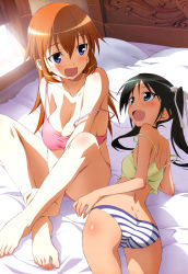 Rule 34 | 00s, 2girls, absurdres, aqua eyes, ass, back, bare shoulders, barefoot, bed, bed sheet, black hair, blue eyes, blush, breasts, brown hair, butt crack, camisole, charlotte e. yeager, cleavage, crop top, dimples of venus, fang, feet, francesca lucchini, hair ribbon, highres, kurashima tomoyasu, large breasts, lingerie, long hair, lowleg, lowleg panties, lying, multiple girls, nyantype, official art, on stomach, open mouth, orange hair, panties, pillow, ribbon, strap slip, strike witches, striped clothes, striped panties, toes, twintails, underwear, world witches series