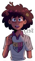 Rule 34 | 1girl, amphibia, anne boonchuy, blue eyes, blush, brown hair, collared shirt, dark skin, highres, leaf, leaf on head, open mouth, pointing, pointing at self, polo shirt, school uniform, shirt, short hair, short sleeves, sjms school uniform, solo, standing, teeth, upper body, upper teeth only, white background