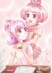 Rule 34 | 2girls, :d, aida mana, arms around neck, blouse, blush, bow, calculator, dokidoki! precure, half updo, hiranotch, hug, hug from behind, multiple girls, open mouth, paper, personification, pink background, pink bow, pink eyes, pink hair, pink shirt, precure, seal (animal), sharuru (dokidoki! precure), sharuru (dokidoki! precure) (human), shirt, short hair, sitting, smile, stamp, standing, standing on one leg, table