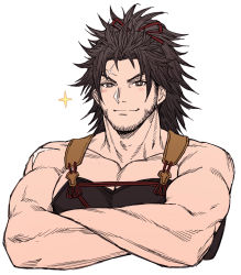 Rule 34 | 1boy, bara, bare arms, bare shoulders, beard, brown eyes, cropped torso, cross scar, crossed arms, facial hair, final fantasy, final fantasy xiv, hien rijin, highres, light blush, long hair, looking at viewer, male focus, mature male, muscular, muscular male, overalls, pectoral cleavage, pectorals, scar, scar on face, scar on forehead, smile, solo, sparkle, zanki