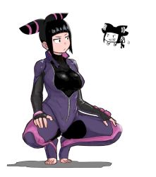 Rule 34 | 1girl, black bodysuit, black eyes, black gloves, black hair, blunt bangs, bodysuit, breasts, chibi, closed mouth, collarbone, commentary request, drill hair, emphasis lines, eye contact, fang, feet, fingerless gloves, full body, gloves, han juri, high collar, jacket, large breasts, lineni, looking at another, mma gloves, multiple views, nail polish, pink nails, purple jacket, shadow, sidelocks, simple background, skin tight, smile, squatting, street fighter, street fighter iv (series), street fighter v, toeless legwear, toenail polish, toenails, toes, turtleneck, twin drills, unzipped, white background, zipper, zipper pull tab
