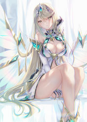 Rule 34 | 1girl, bare shoulders, between legs, blonde hair, blush, breasts, cleavage, closed mouth, elbow gloves, feet out of frame, gloves, hair ornament, hand between legs, inoue takuya (tactactak), large breasts, long hair, looking at viewer, mythra (xenoblade), sitting, solo, thighs, very long hair, white gloves, xenoblade chronicles (series), xenoblade chronicles 2, yellow eyes